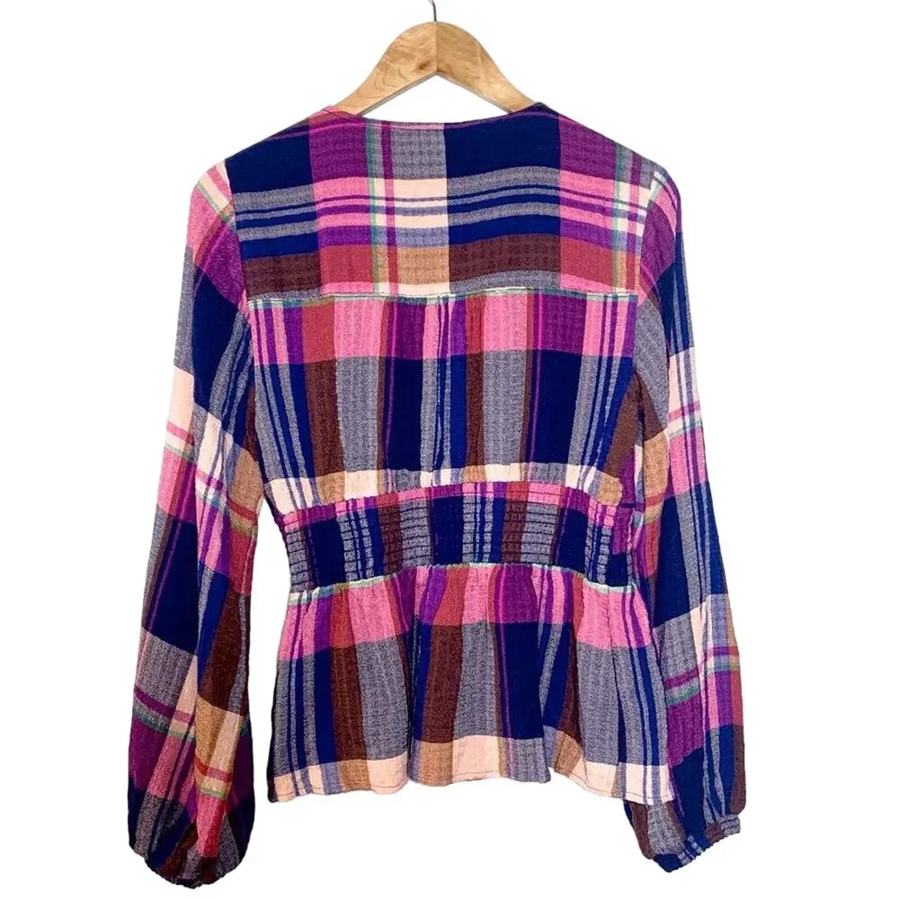 Pilcro Anthropologie Plaid Peplum Smocked Waist Long Sleeve Top Pink Navy Small